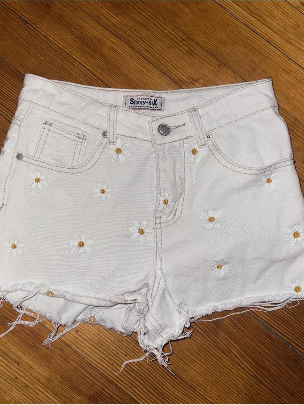 White Daisy Embroidered Denim Shorts